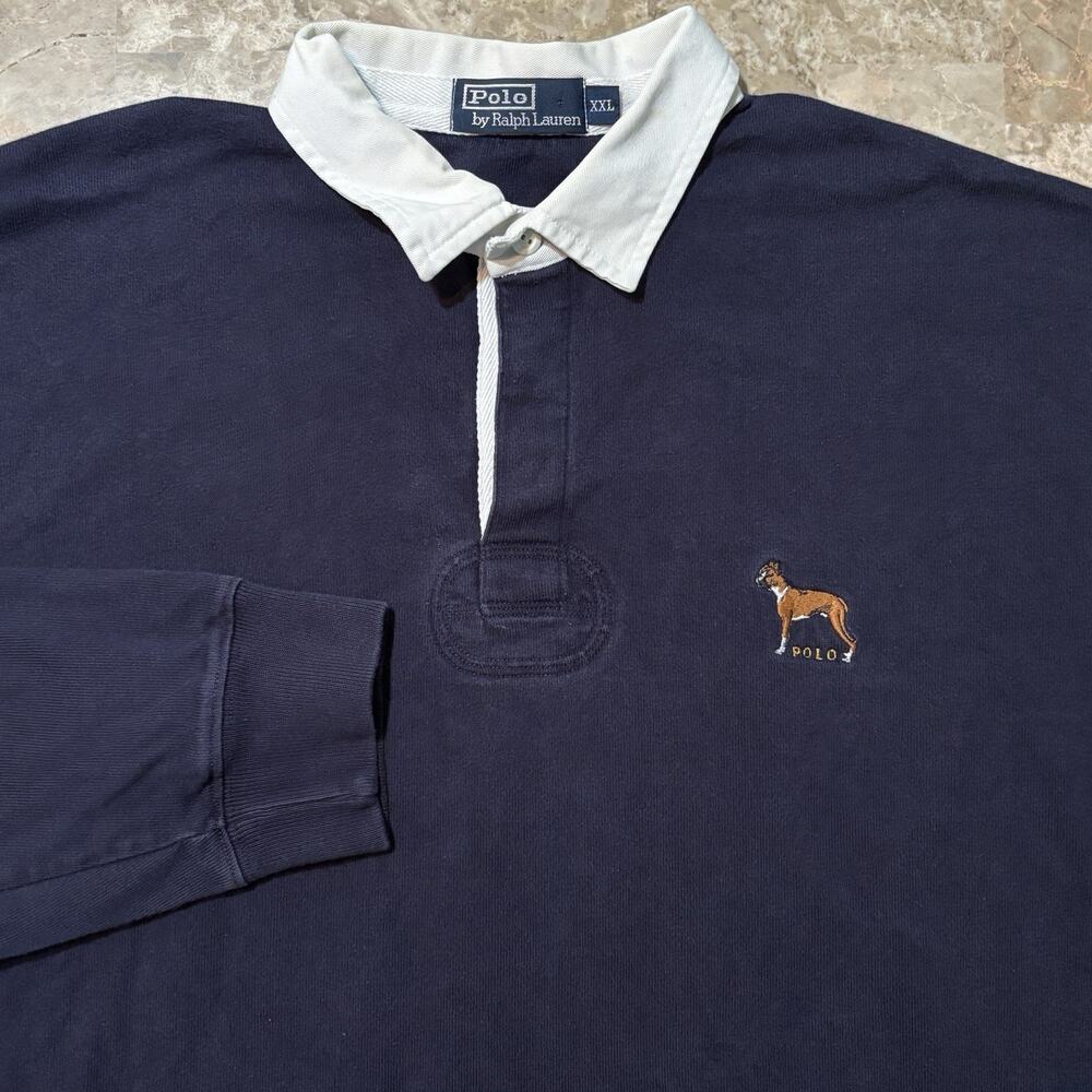 Polo Ralph Lauren Rugby Shirt Mens 2XL Blue Dog Embroidery Long Sleeve Vintage